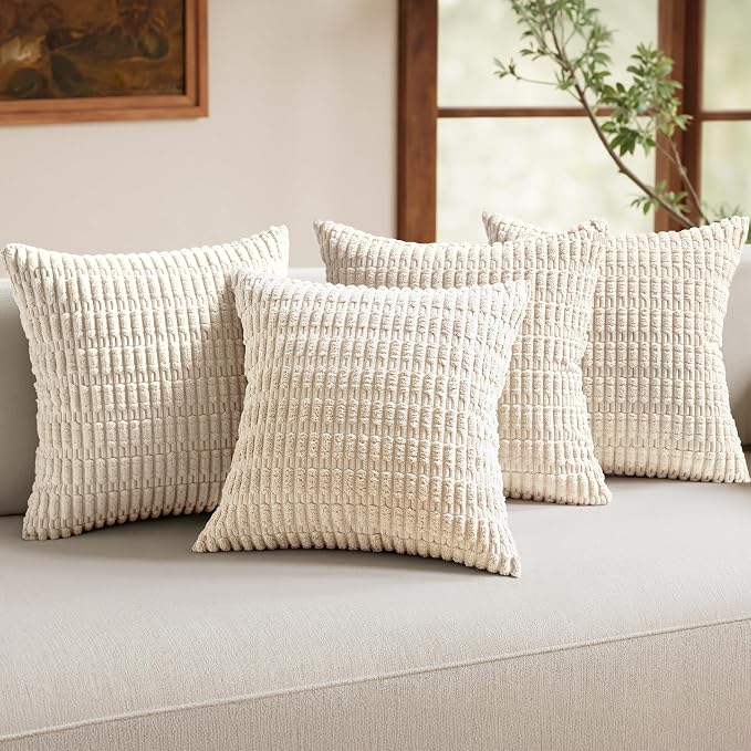 MIULEE Pack of 4 Corduroy Decorative Throw Pillow Covers 22x22 Cream White | Neutral Rustic Farmhouse Boho Soft Striped Pillow Covers,Home Decor for Sofa,Living Room,Couch,Bed