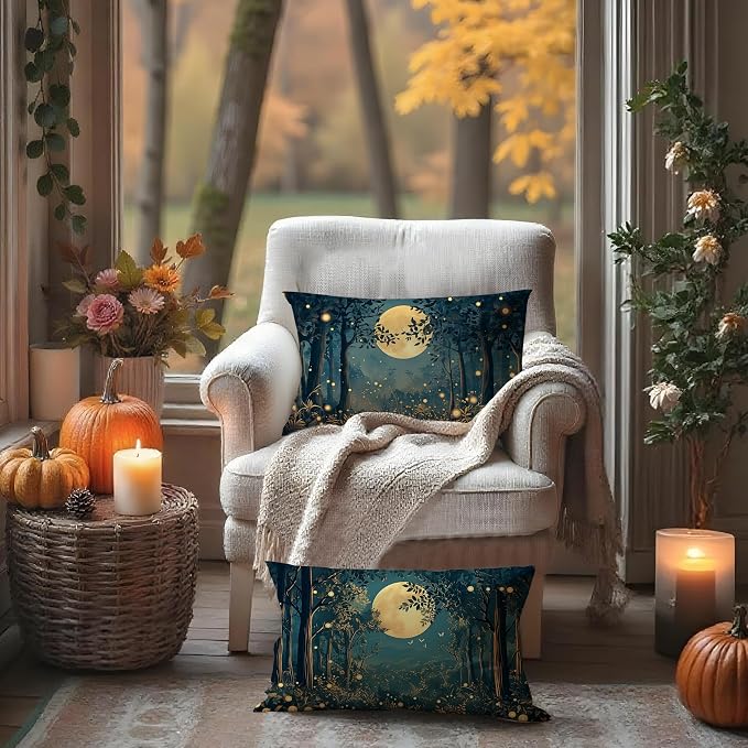 Rustic William Morris Inspired Night Moon Forest Decor Pillow Covers 20x12 Set of 2,Vintage Black and Gold Landscape Nature Botanical Decorative Throw Pillow Covers for Home Bedroom Living Room