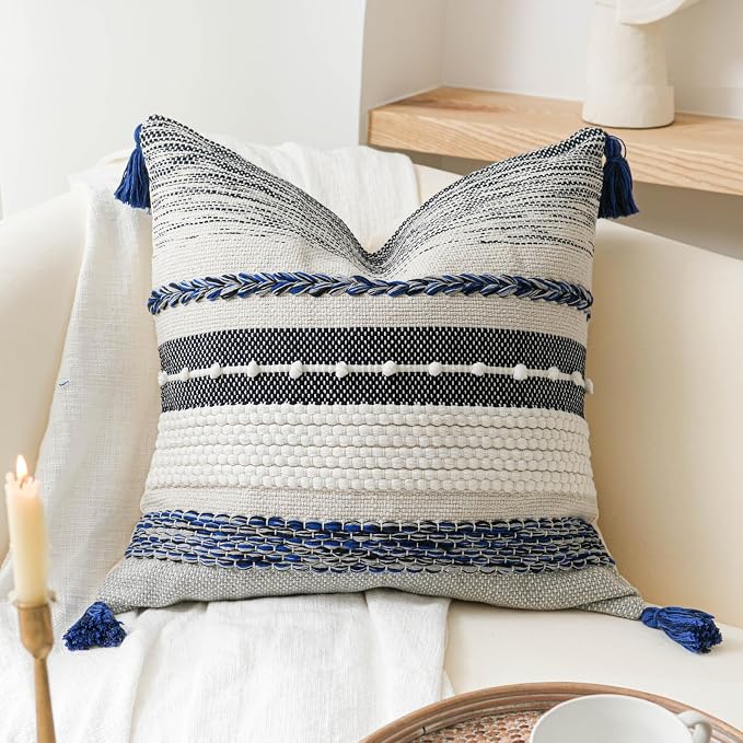 Navy Dark Blue Decorative Throw Pillow Cover 18x18 Square Boho Accent Pillowcase Tassels Farmhouse Cushion for Couch Sofa Bedroom Living Room Home Décor Cover ONLY