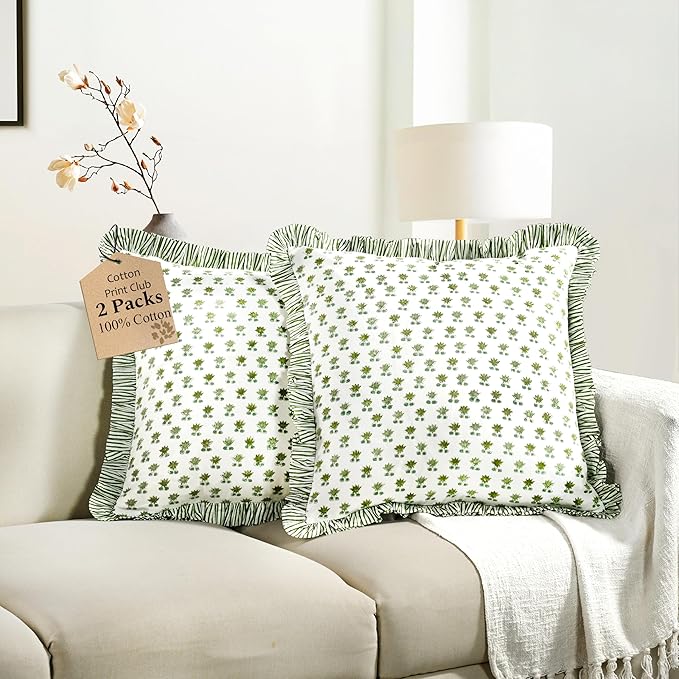 CPC Lotus Meadow Hand Block Print 100% Cotton Ruffle Throw Pillow Cover 24x24 inch with Hidden Zipper Decorative for Couch, Bed, Sofa, Farmhouse, Cottagecore Decor Gift Christmas Fall Thanksgiving