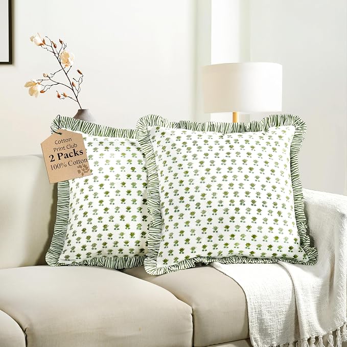 CPC Lotus Meadow Hand Block Print 100% Cotton Ruffle Throw Pillow Cover 20x20 inch with Hidden Zipper Decorative for Couch, Bed, Sofa, Farmhouse, Cottagecore Decor Gift Christmas Fall Thanksgiving