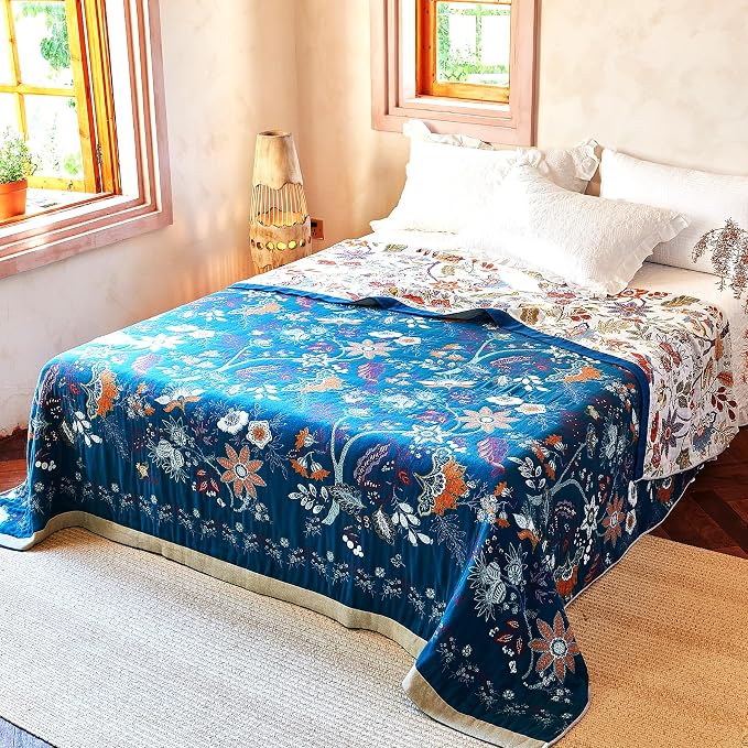 VANJOROY Boho Throw Blanket, 100% Organic Cotton Breathable Skin-Friendly Ultra Soft Bed Quilt Throw - All Season Floral Farmhouse Décor Luxury Blanket for Sofa Couch Chair and Gift. 91" x 98"