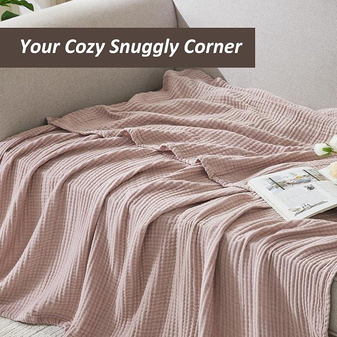 EMME Cotton Muslin Large Throw Blanket Couch Breathable Gauze Soft Lightweight Bed Blankets Adults (Heather Dusty Pink, 50"x70")