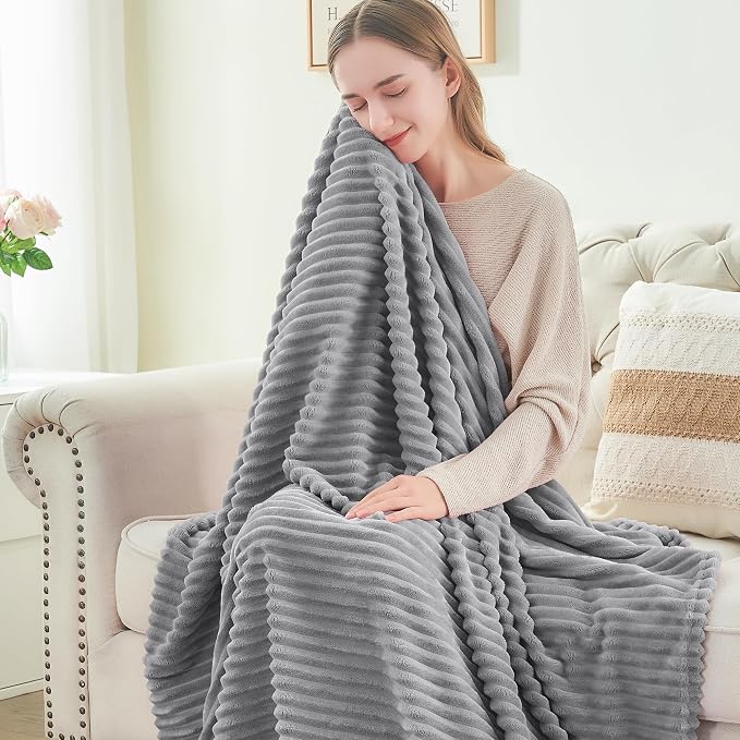 BEDELITE 3D Ribbed Jacquard Grey King Size Blankets for Bed, 108x90 Inch | Soft Warm Decorative Fluffy Blanket, Cozy Fuzzy Lightweight Plush Fleece Throw Blankets for Bed, Room Decor, Gift for Women