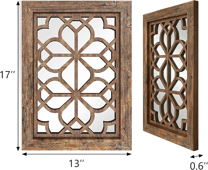 Set of 2 13x17 Inch Rectangular Shatterproof Decorative Wall Mirrors, Boho Farmhouse Rustic Vintage Grey Accent Mirrors for Living Room, Bedroom, Entryway & Home Wall Decor，Maroon