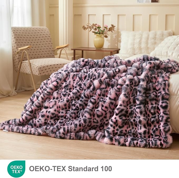 LIFEREVO Leopard Print Fluffy Faux Rabbit Fur Throw Blanket 60x80, Pink | Cheetah Print Soft Plush Bubble Throw for Bed Couch Sofa Office, Washable Skin-Friendly Cozy Furry Blanket for Home Decor