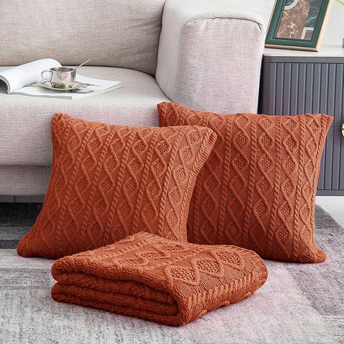 Homiest Rust Cable Knit Throw Blanket Set of 3, with 2 Pillow Covers | Pure Acrylic, Lightweight & Breathable, All-Season Use, Machine Washable, Wrinkle & Fade Resistant, for Couch Bed And Sofa