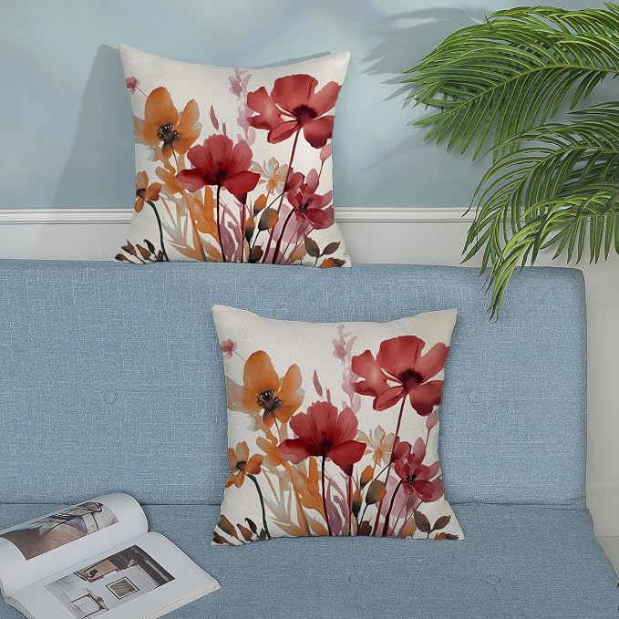 Floral Pillow Covers 18x18 Inches Set of 2 Burgundy Red Orange Floral Throw Pillow Covers Outdoor Rustic Flower Decoration Pillowcase Farmhouse Decorative Cushion Cover for Home Sofa Couch