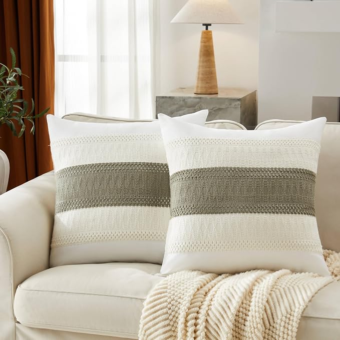 2pk Boho Pillow Covers 24x24, Natural White/Contrast/Dark Sage | 100% Organic Cotton Body, Stripe Embroidery, Farmhouse Decorative Cushion Covers for Sofa Bed Living Room Home Decor
