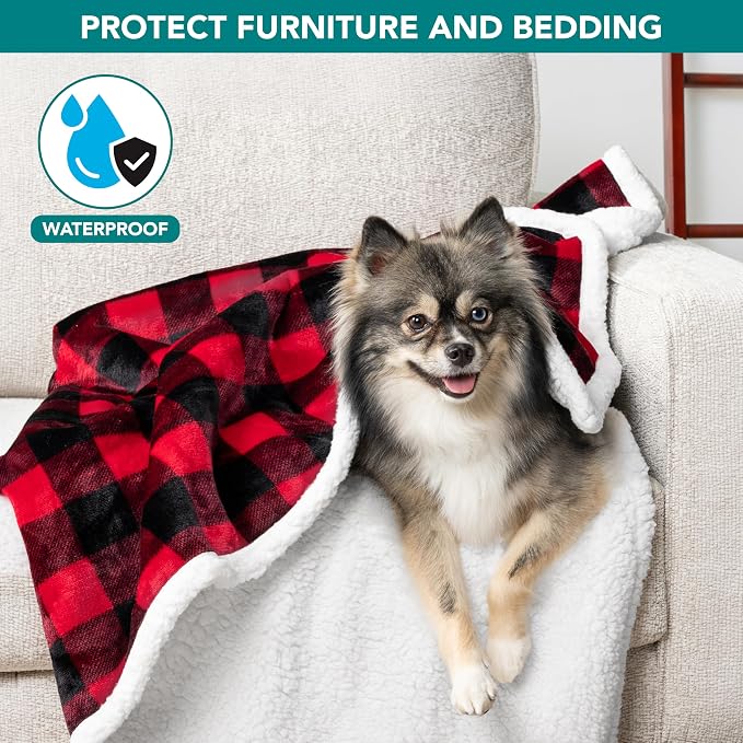 PetAmi Waterproof Dog Blanket for Medium Large Dog Pet, 60x40, Black Red | 460 GSM Sherpa Fleece Reversible, Pee Proof Cat Blanket, Furniture Protector Cover for Couch Bed Sofa Kennel, Washable, Large