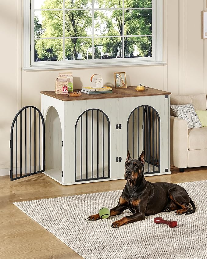 Hzuaneri 46.5'' Dog Crate Furniture,Dog Kennel Indoor for Medium/Large Dogs | Dog Kennel Furniture Wooden Dog Cage Heavy Duty Dog Crate Decorative Pet House End Side Table TV Stand,White Brown DFC93914B