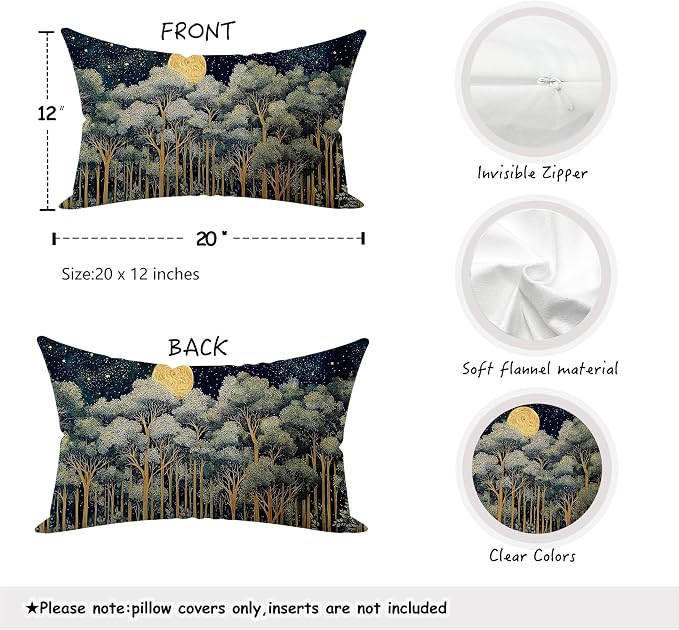 Rustic William Morris Night Forest Green Moon Decor Pillow Covers 20x12,Vintage Botanical Nature Landscape Decorative Throw Pillow Covers for Home Bedroom Living Room