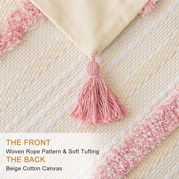 BUIOVBEY Boho Throw Pillow Covers Woven Tufted Pillow Cases with Tassels | Farmhouse Pillows Covers 18x18 Set of 2 Textured Striped Cushion Case Neutral Decorative Pillowcase for Sofa Couch Bed Pink