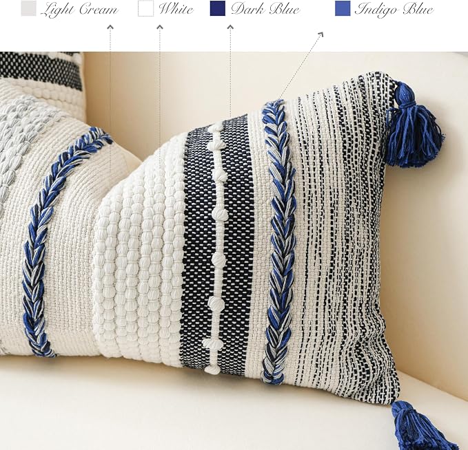 Navy Dark Blue Decorative Throw Pillow Cover 18x18 Square Boho Accent Pillowcase Tassels Farmhouse Cushion for Couch Sofa Bedroom Living Room Home Décor Cover ONLY