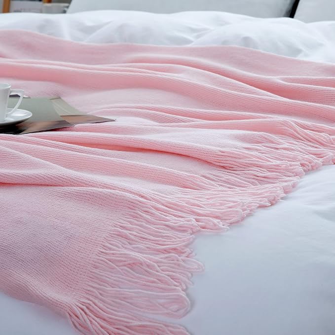 Vonty Pink Knitted Throw Blanket with Tassels Fringe, 60x80 Acrylic | Super Soft And Lightweight, Year-Round Cozy Warmth, Farmhouse Decorative Style, Machine Washable, for Couch, Sofa or Bed