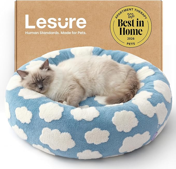 LE SURE Shown on TV Jacquard Donut Cute Cat Beds Indoor,Blue 20x20x6in | Orthopedic Calming Small Dog Bed,Original Design Pattern,Washable Cover, Home Decor as Gift for Pet,Anti Slip Bottom
