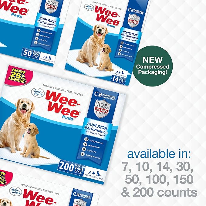Four Paws Wee-Wee Superior Performance Dog Pee Pads, 10 Count | Quilted leak-proof puppy pads, dog housebreaking & potty training, 24-hour floor protection, pet supplies, 22" x 23"