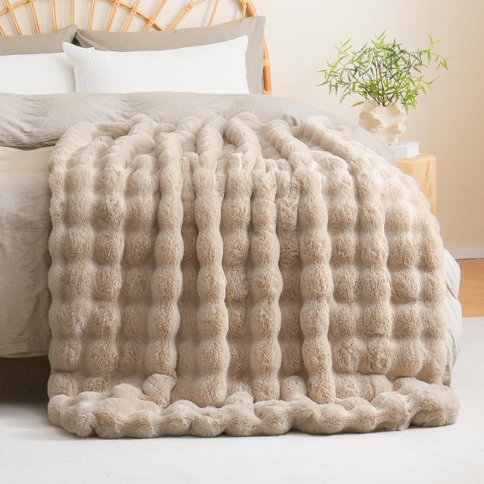 BENVWE Faux Fur Throw Blanket for Couch Bed - Fluffy Soft Thick Bubble Blanket for Living Room Home Decor - Mothers Day Birthday Gifts for Women, Beige, 63" x 80"