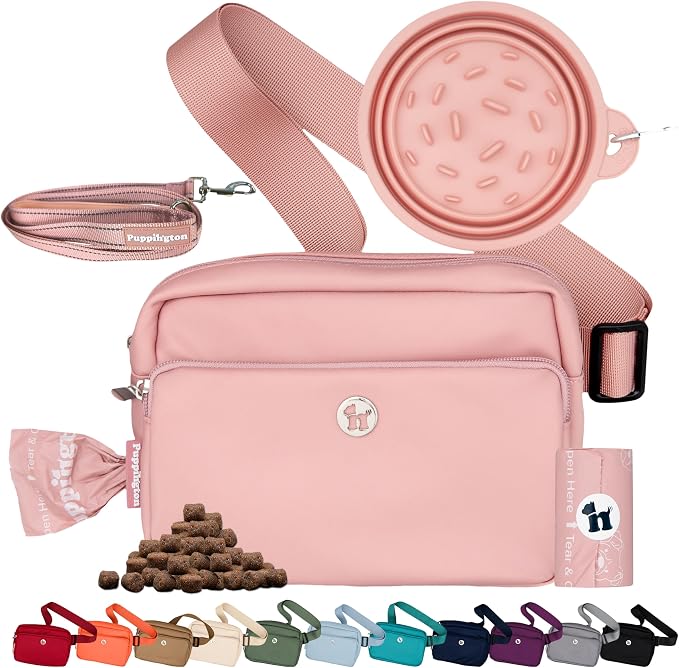 Puppington 3-in-1 Crossbody Dog Treat Pouch for Pet Training - Compostable Poop Bags, Built-In Poop Bag Dispenser, Slow-Feeding Travel Dog Bowl & Reflective Leash - Dog Walking Bag (Blush Pink)