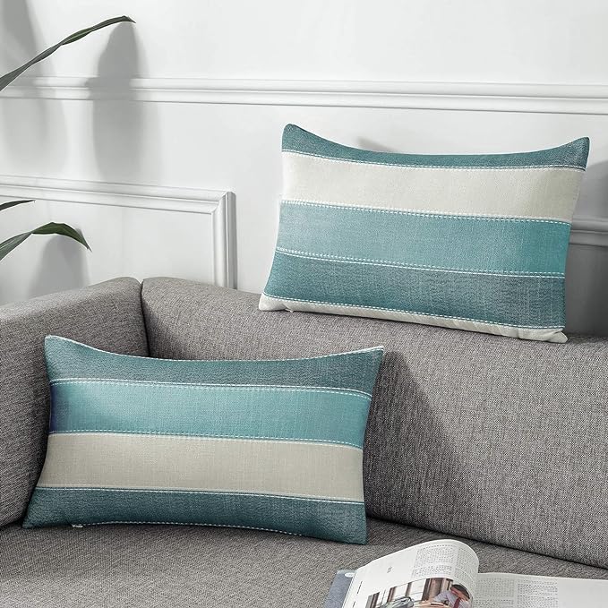 Pack of 2 Farmhouse Stripe Check Throw Pillow Covers Set Case Cotton Linen Decorative Pillowcases Cushion Cover for Couch Bench Sofa 12x20Inch Teal Blue
