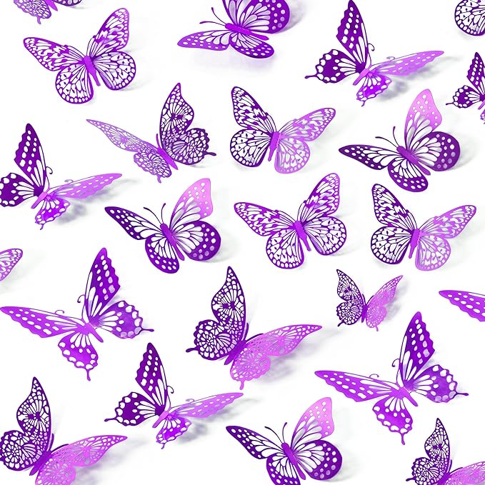 SAOROPEB 3D Butterfly Wall Decor 48 Pcs Purple Butterfly Decorations | 4 Styles 3 Sizes, Birthday Decorations Butterfly Party Decorations Cake Decorations, Removable Stickers
