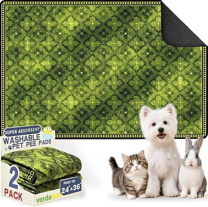 Washable Training Pads for Dog Pee Pads for Dogs - Reusable & Super Absorbent Puppy Pads Pet Potty Crates Dog Supplies Puppy Essentials Green/Multi 24" x 36", 2 Pack
