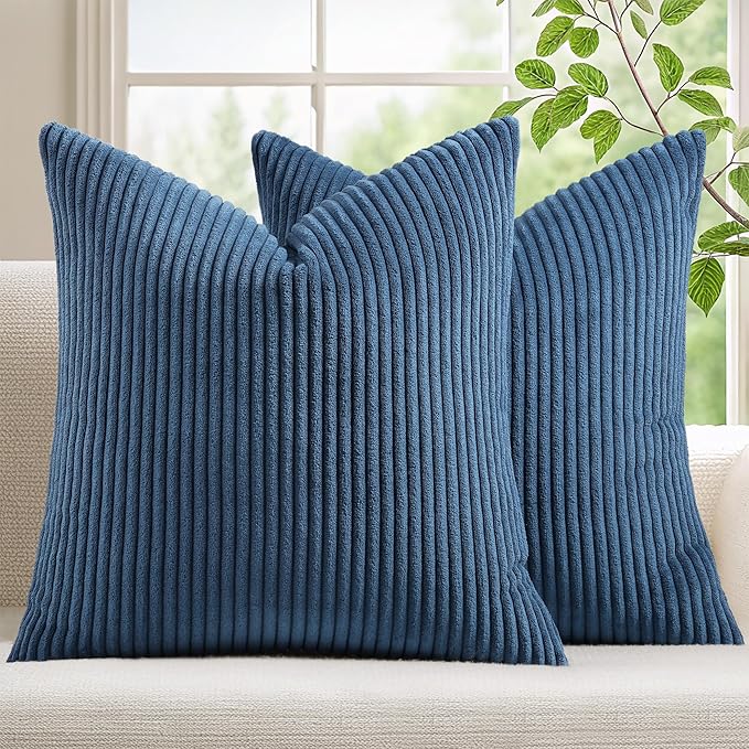 Mecatny Corduroy Decorative Throw Pillow Covers 16x16 Set of 2 Navy Blue | Soft Striped Texture, Hidden Zipper Design, Neutral Boho Square Pillow Cases for Sofa Couch Living Room Bedroom, Home Décor