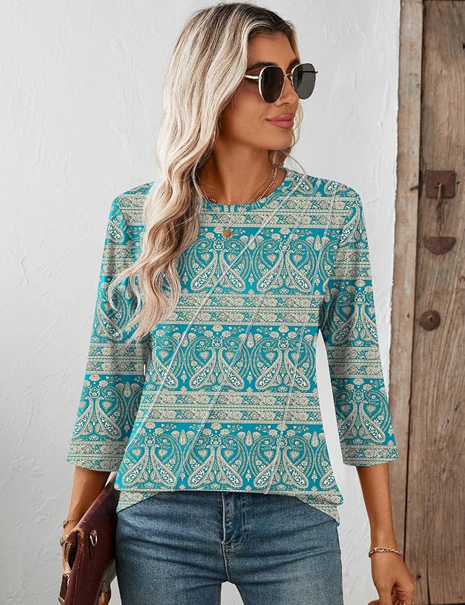 LOMON 3/4 Length Sleeve Womens Tops Spring Summer Fashion 2026 Tops Crew Neck Pleated Shirts Tunic Top Loose Fit
