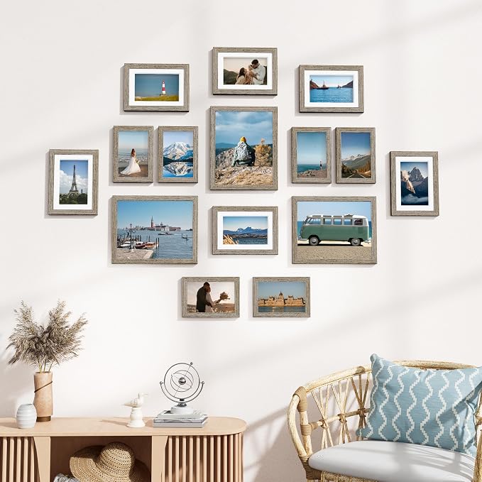 Vittanly 15 Pack Picture Frames Collage Wall Decor, Wall/Tabletop Display | Grayish Brown, Multi-Size Gallery Wall Frame Set: 3pcs 8x10, 6pcs 5x7, 6pcs 4x6. Picture Frame Set for Family