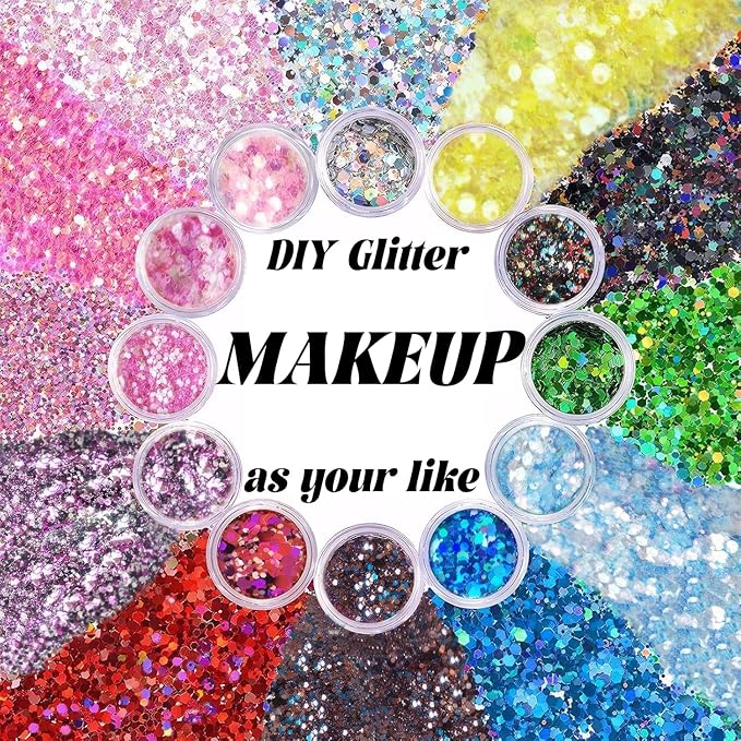 Body Glitter Face Glitter, Hair Glitter for Kids, 12 Shapes Fine Chunky Glitter Gel for Women Girls Makeup Sparkles Party Mermaid Sequins Rave Accessories Festival (White-Gold-Pink-Blue-Green-Red)