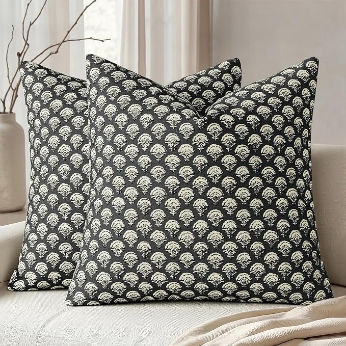 MIULEE Floral Print Decorative Pillow Covers 18x18, Black | Vintage Boho Farmhouse Modern Home Decor, Set of 2, Block Print Cushion Covers for Couch Sofa Bed Living Room
