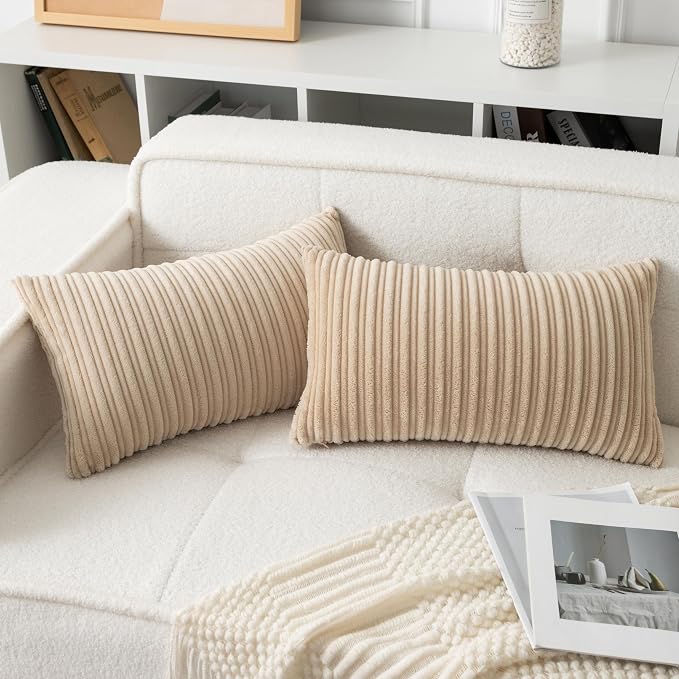 UGASA Velvet 12x20 Inch Lumbar Soft Throw Pillow Covers Decorative Corduroy Striped Both Sides Solid Rectangular Cushion Cases Boho Farmhouse for Couch Bedroom Sofa Home, Pack of 2, Beige