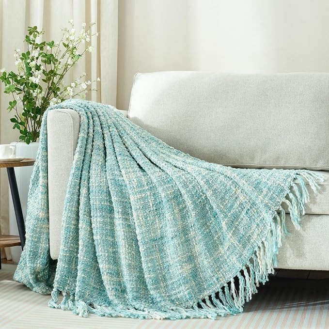 Multi-Color Cable Woven Throw Blanket for Couch - 50"X60" | Multicolored Boho Style,Super Soft Warm Cozy Chunky Blankets with Decorative Tassels for Bed and Sofa,Mint Blue