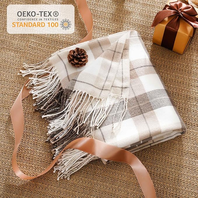 Fall Plaid Throw Blanket for Couch, Farmhouse Throw Blanket 49"x63" | Lightweight Beige Throw Blanket, Super Soft WovenThrow with Tassels, Cozy, Neutral Fall Decor Home Decor