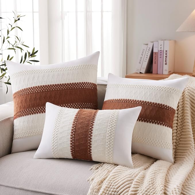 2pk Boho Pillow Covers 22x22, Natural White/Contrast/Terracota | 100% Organic Cotton Body, Stripe Embroidery, Farmhouse Decorative Cushion Covers for Sofa Bed Living Room Home Decor