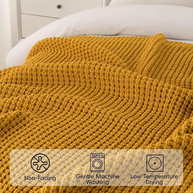 Waffle Knit Throw Blanket, Mustard Yellow Throw Blanket for Couch 60"x80" | Chunky Chenille Throw Blanket, Soft Fall Mustard Throw Blanket for Home Decor, Modern Farmhouse Knitted Style