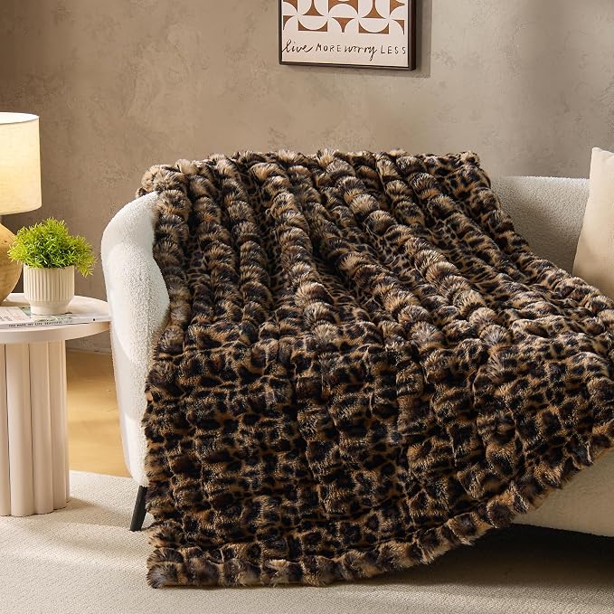 DOWNCOOL Faux Fur Throw Blanket for Couch, Ultra Soft Fluffy Fuzzy Plush Bubble Blanket for Sofa Bedroom Living Room, Cozy Warm Luxury Fleece Minky Blanket, 50x60 Inches Leopard Print