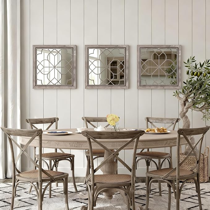Set of 2 18 Inch Large Square Brown Window Pane Wall Mirrors, Shatterproof Rustic Farmhouse Boho Vintage Accent Mirrors for Living Room, Bedroom, Bathroom, Entryway & Home Decor