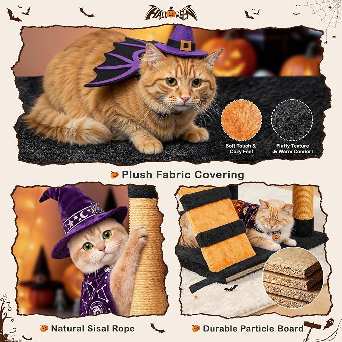 Yaheetech 54in Gothic Cat Tree, Multilevel Indoor Halloween Cat Tower | Activity center with cute kitten-ear perch, scratching posts, 2 kittens caves, black/pumpkin orange halloween decor