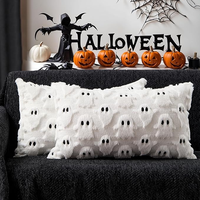 DFXSZ Halloween Pillow Covers 12x20 inch 2Pcs White Ghost Halloween Decor | Halloween Decorations Set of 2 Throw Pillow Cases Plush Faux Fur Wool Cushion for Chair Sofa Bedroom Living Room Home Decor