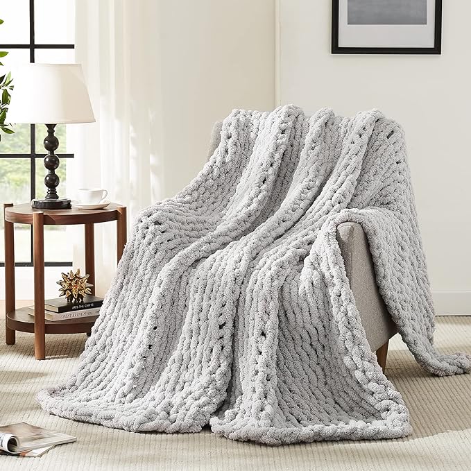 L'AGRATY Chunky Knit Throw Blanket for Couch, 80'' x 90'' Knit Throw, Grey | Handmade Chenille Crochet Blanket for Sofa Bed, Thick Cable Knitted Blankets for Room Home Decor, Birthday Gift for Women Mom
