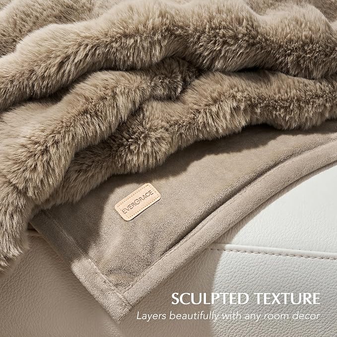 Faux Rabbit Fur Bubble Throw Blanket, 60"x80", Greige | Ultra Soft, Luxury Faux Rabbit Fur Throw, Thick Warm Bubble Blanket, Cozy Fluffy Reversible, for Bed, Couch, Chair, Sofa