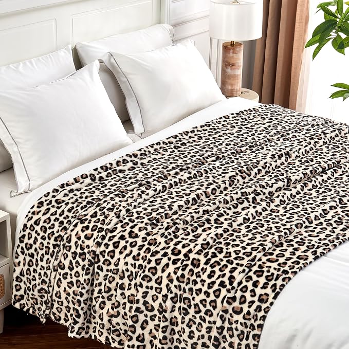 Edenleaf Leopard Print Blanket Fleece Throw for Bed Sofa Travel and Camping, Super Soft Cozy Fluffy Plush Cheetah Print Blanket for All Seasons 60"x80" (Cream)