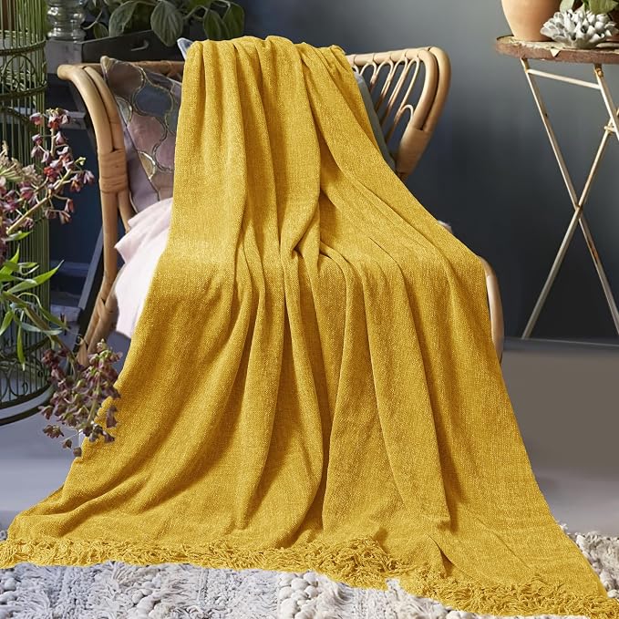Chenille Throw Blanket for Couch 50" x 60", Yellow | Soft Cozy Warm Throws with Fringe Tassel, for Living Room Bed Sofa Chair Cover, Lightweight Knitted Decorative Boho Blankets