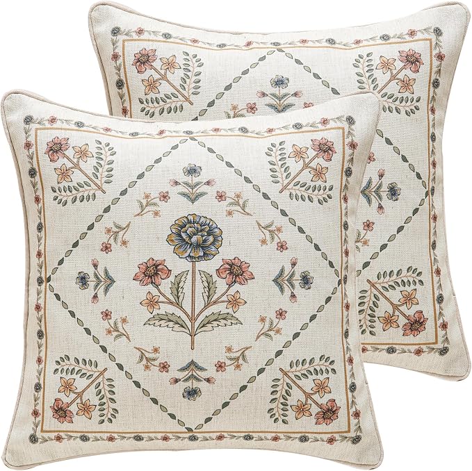 Designer Linen Throw Pillow Cover,Set of 2,18"x18"-Cornucopia B | Elegant French Square Pillow Cover,Concealed Zipper Design,Floral Pattern,Sofas,Bedroom,Living Room,Lounge Chairs