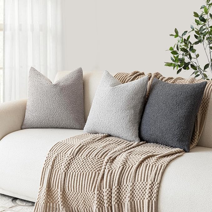 Foindtower Set of 2, Decorative Textured Boucle Throw Pillow Covers Accent Solid Pillow Cases Soft Cozy Couch Cushion Case for Chair Sofa Bedroom Living Room Home Decor 24 x 24 Inch Neutral Grey