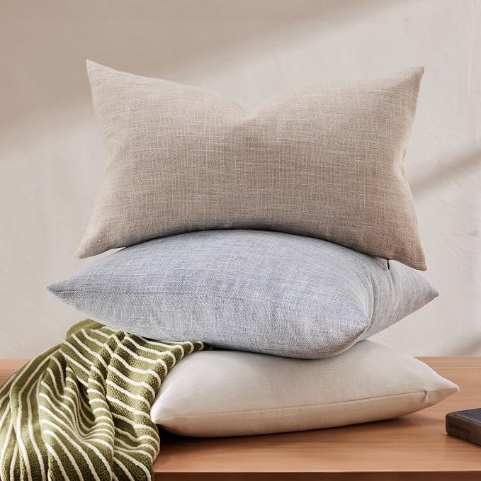 Rustic Linen Lumbar Pillow Covers Set of 2, Taupe 12x20in | Textured Pillow Case, Rustic Cotton Linen Fabric, Modern Farmhouse Cushion Covers for Sofa Bed Living Room Home Decor