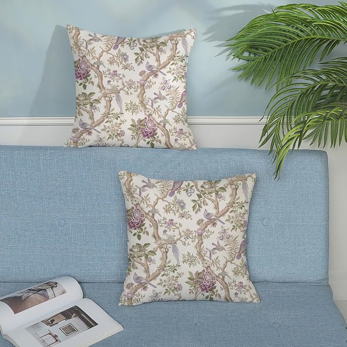 Chinoiserie Pillow Covers 24x24 Set of 2 Purple Green Floral Bird Throw Pillows Vintage Flowers Bird Decorative Pillow Cases Outdoor Chinoiserie Decor Farmhouse Cushion Case for Couch Sofa