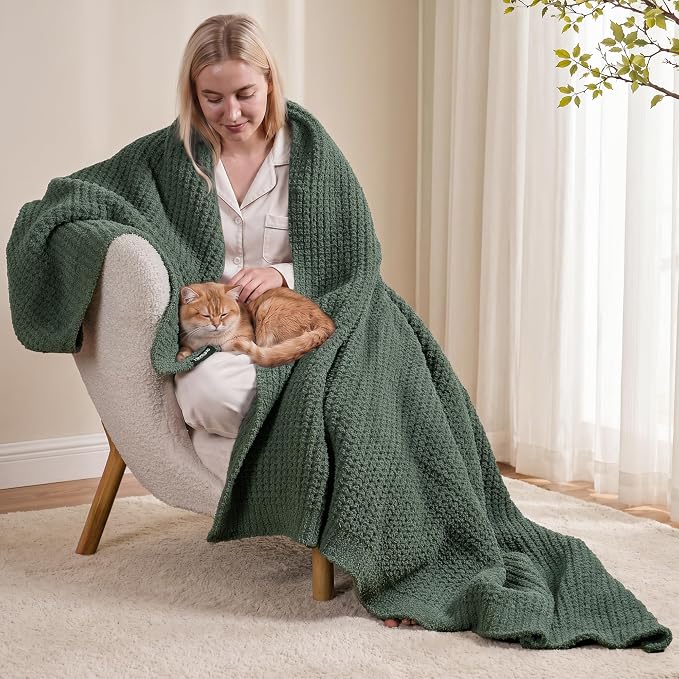 Waffle Knit Throw Blanket for Couch, Soft Cozy Chunky Knit Thick Knitted Blanket for Sofa, Bed, Gift for Women Girls Home Decor (Sage, Twin 60"x80")