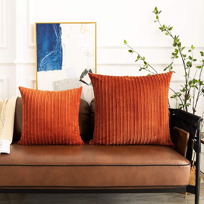 UGASA Fall Striped Velvet Decor Pillow Covers Soft Solid Square Corduroy Cushion Covers Throw Cushion Cases for Couch Sofa Living Room, 20"x20", Pack of 2, Burnt Brick
